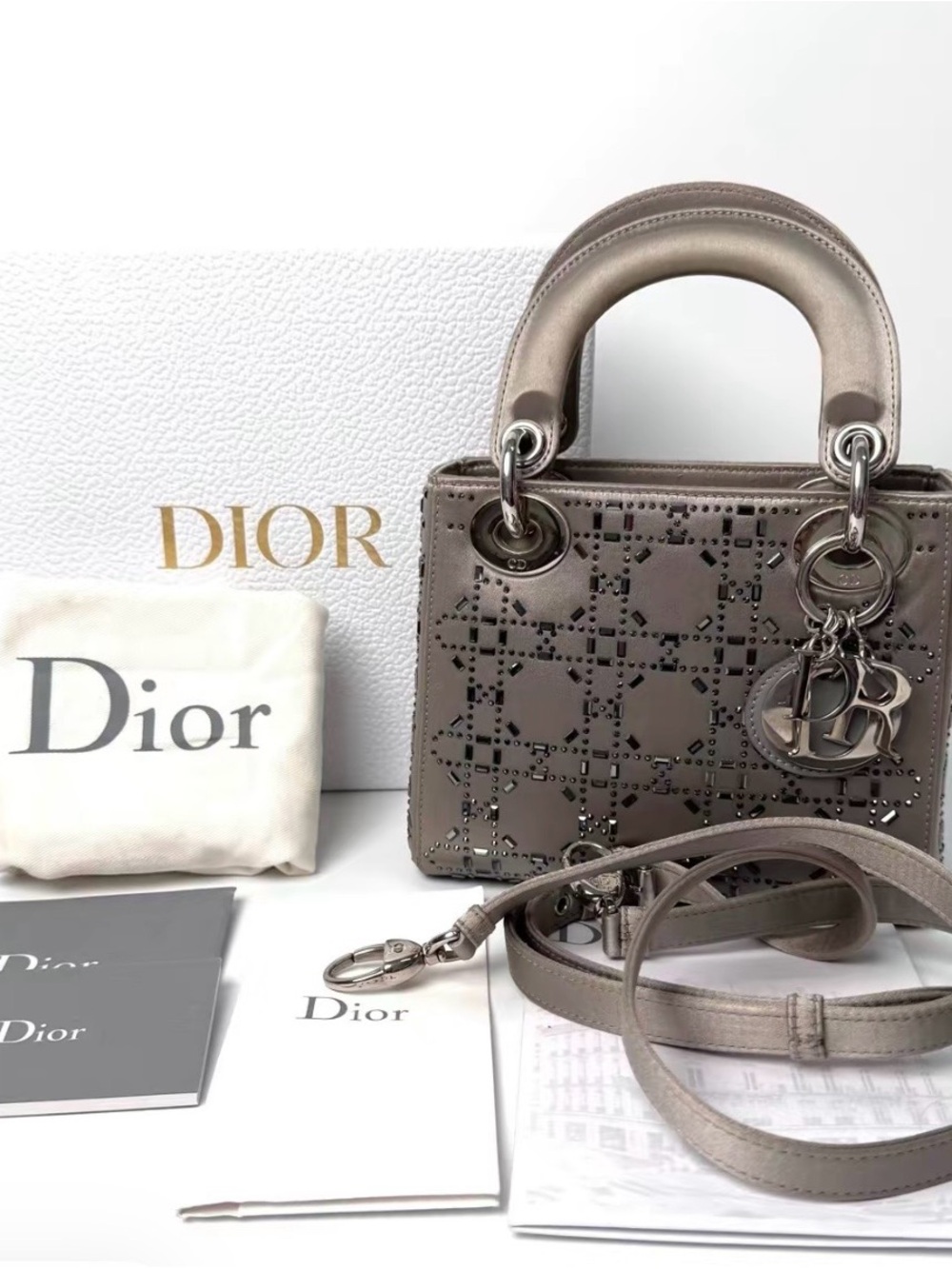 Dior Metallic Taupe Mini Lady Bag with Laser-Cut Detailing - Picture 1 of 7